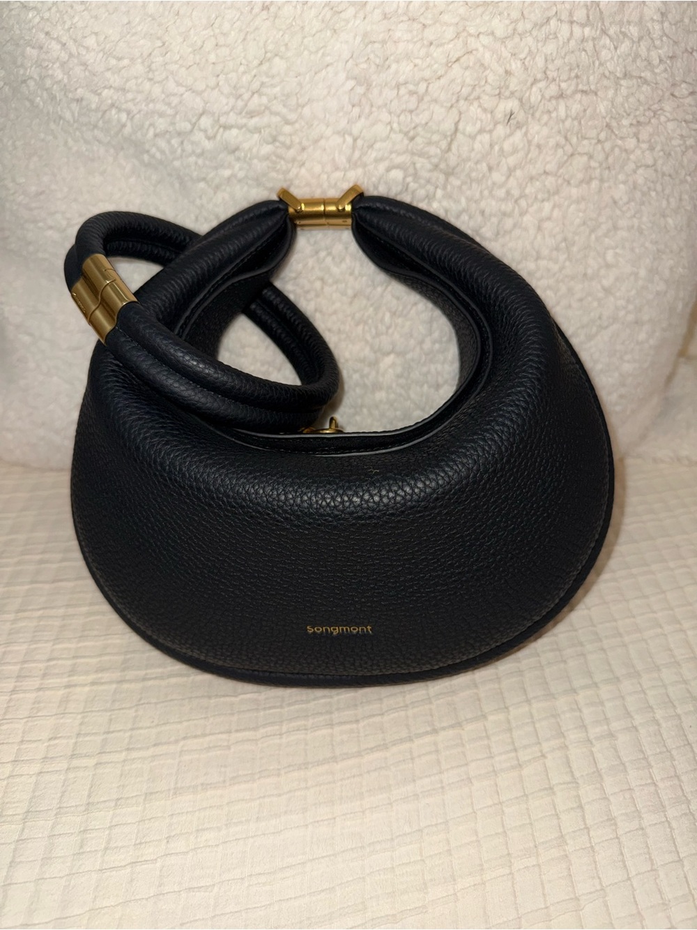Songmont Luna Black Pebble Leather Crescent Shoulder Bag with Gold Hardware